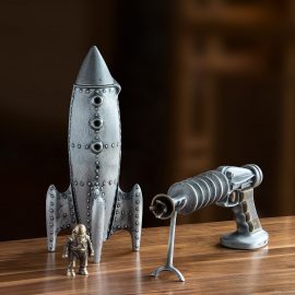 Moon Rocket with Spaceman Cast Bronze Coin Bank
