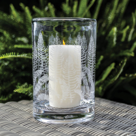 Engraved Fern Hurricane with lit candle